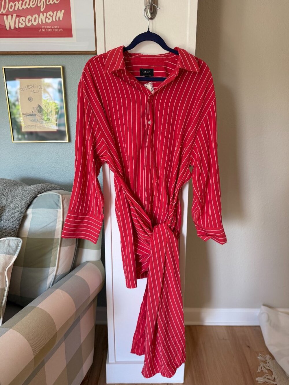 Bardot Malira Red Pinstripe Long-Sleeve Mini Shirt Dress with Waist Tie Wrap NWT